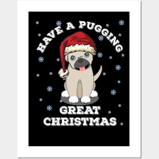 Christmas cute pug dog with santa hat Posters and Art